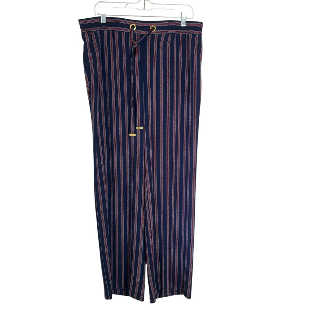MICHAEL Michael Kors True Navy Wide‎ Leg Drawstring Striped Pant Womens Large